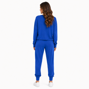 Ensemble de survêtement bleu pour femme, haut à manches longues, pantalon de jogging, haut à col rond, taille élastique, tenue décontractée athleisure, vêtements de détente personnalisés, fabrication usine - Product Image 2