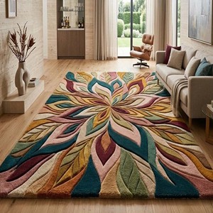Tapis abstrait floral coloré, tapis moderne à motif de feuilles, tapis de luxe tufté à la main, tapis artistique pour salon, chambre à coucher, décoration intérieure - Product Image 3