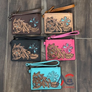 Handmade Tooled Genuine Leather Mini Wristlet Clutch Stylish Floral & Turquoise Butterfly Design Coin & <b>Card</b> <b>Holder</b> Women <b>Wallet</b> - Product Image 1