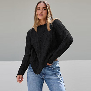 <b>Women</b> Oversized Korean Style Thick <b>Cable</b> <b>Knit</b> Crewneck <b>Sweater</b> Regular Sleeve Solid Black Pullover Casual Autumn Winter Knitwear - Product Image 1