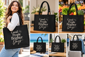 กระเป๋าโท้ต Good People Brighter Days ขนาด 16x12x5 นิ้ว สีดำ กระเป๋าช้อปปิ้งขนาดใหญ่แบบใช้ซ้ำได้ - Product Image 6