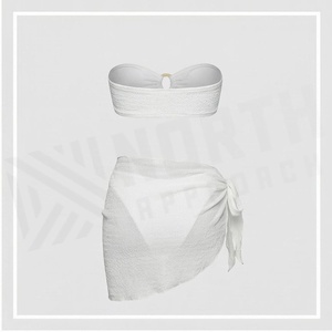 <b>White</b> 2 Piece <b>Bikini</b> <b>Set</b> Bandeau Top With Ring Detail Tie Side Bottom Solid Color Stretch Knitted Women's Swimwear - Product Image 2