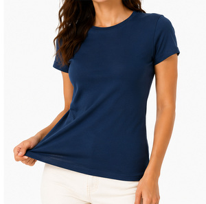 T-shirt court à col rond bleu marine pour femme, coupe ajustée, manches courtes, 100% coton, vêtement décontracté, tissu jersey respirant - Product Image 5