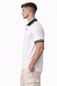 Camiseta Polo Blanca para Hombre, Cuello en Contraste Verde, Mezcla de Algodón, Manga Corta, Casual, al Mejor Precio - Product Image 2