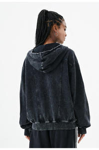 Sweat-shirt court zippé à capuche en molleton pour femme, style streetwear, de marque tendance, avec poche imprimée, broderie et design délavé - Product Image 3