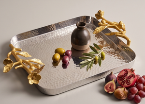 Plateau de service décoratif en métal avec poignée en forme de branche de fleur dorée, plateau de qualité supérieure pour servir des en-cas, des aliments, des fruits - Product Image 5