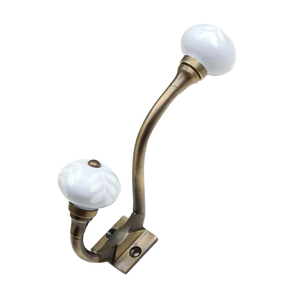 Retro Bronze <b>Metal</b> Double Wall Hook with White Leaf Pattern Ceramic Knobs Vintage Multi-Purpose Garment Hat and <b>Coat</b> <b>Hanger</b> - Product Image 1