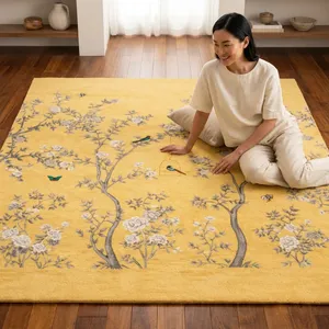 Tapis d'appoint abstrait tufté à la main, motif oiseaux jaunes et fleurs, style Japandi, rectangulaire, en laine lavable, à poils moyens et fins, pour salon - Product Image 1