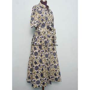 Vestido midi elegante para mujer, estampado a mano, 100% algodón indio, cómodo, de manga corta, con decoración de botones, ecológico - Product Image 5