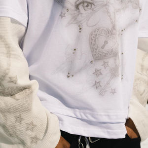 Men's Hot Sale Vintage Washed Heavy Cotton Double Layer Long Sleeve T-shirt Men Custom Screen Printed Graphic Rhinestone <b>Tshirt</b> - Product Image 4