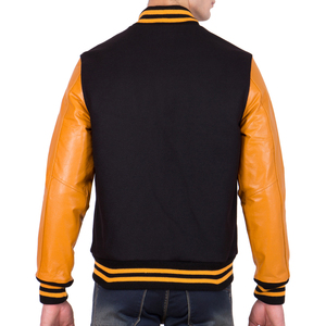 <b>Mens</b> Black and Yellow Varsity <b>Jacket</b> Yellow Leather Sleeves Letterman Bomber <b>Jacket</b> Casual Baseball Style Winter <b>Warm</b> Outerwear - Product Image 4
