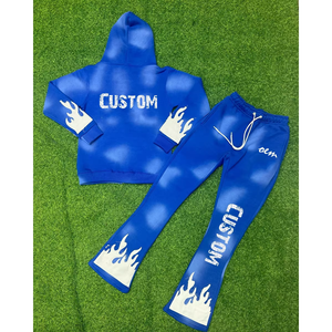 Conjunto de chándal azul personalizado con capucha, estampado de llamas y cierre de cremallera, estilo streetwear para adultos unisex, ropa de otoño. - Product Image 2