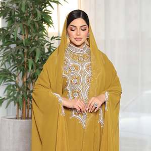 Elegant Mustard Yellow Abaya With Beaded Embroidery High Neck Long Sleeve Floor Length Modest Dress For Wedding India - Product Image 3