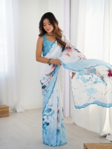 Sari indien traditionnel style été, imprimé floral, en chinnon lourd avec travail de miroir, pour femmes, tenue de soirée - Product Image 5