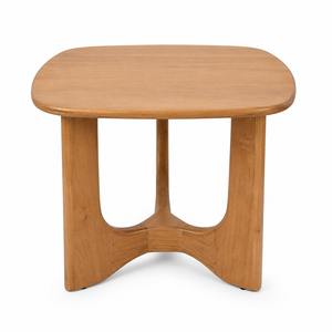 Mesa de Comedor Escandinava de Madera de Teca Sólida con Forma Cuadrada Redondeada, Base de Puente Triple Curvada, Ecológica, Ideal para Apartamentos - Product Image 1