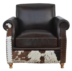Sillón rústico de cuero y piel de vaca con patas de madera, tapizado, de un solo asiento, estilo Chesterfield, para sala de estar. - Product Image 1