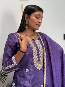 Purple Silk Embroidered <b>Kurta</b> Palazzo Dupatta Set <b>For</b> <b>Women</b> - Product Image 3