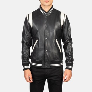 Men's Black <b>Leather</b> Varsity <b>Jacket</b> Regular Fit Turn-Down Collar Button Closure Solid Color Casual Style Autumn Wear - Product Image 2