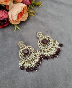 Designer Round Gem Stone Chandbali Pearl Bead Tassel <b>Dangle</b> <b>Earrings</b> Antique <b>Gold</b> Plated For Women Fashion <b>Earrings</b> Manufacturer - Product Image 2