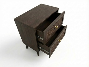 Table d'appoint moderne et écologique à 2 tiroirs, 5+ compartiments, en bois d'hévéa, MDF, placage de chêne, détails en rotin - Table de rangement pour salon - Product Image 3