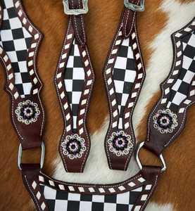 Harnais robuste en cuir de vachette argentin fait main, tailles personnalisées, avec collier de poitrage assorti à motif patte de léopard - Product Image 4