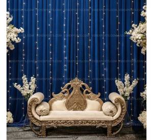 Antique <b>Gold</b> Open-Work Floral Carved Wedding Loveseat Maharaja Style Peacock Motif Carved Wedding Diwan for sale - Product Image 1