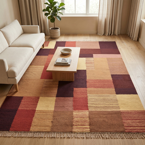Tapis géométrique patchwork écologique antidérapant en laine bordeaux, terre cuite et moutarde DECORDEC pour salon, hôtel, villa - Product Image 4