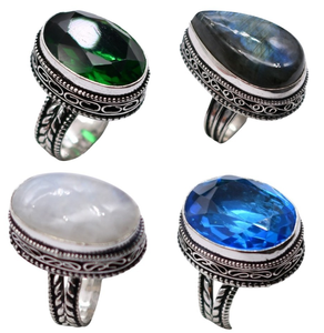 Assorted Natural Gemstone Christian Wedding & Party <b>Rings</b> Vintage Oval Cut <b>Chunky</b> Sterling <b>Silver</b> Plated Statement Jewelry - Product Image 3