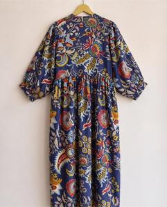 100% Cotton Woven Hand Block Printed Indian Floral Luxury <b>Three</b> Quarter Sleeve 100% Cotton Summer Casual Dress Asymmetrical Hem - Product Image 2