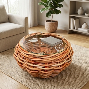 New Modern Minimalist Downes Round Coffee <b>Table</b> Natural Woven Rattan <b>Glass</b> Top Center Tea Accent <b>Table</b> Living Room Patio - Product Image 3