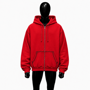 Oversized <b>Red</b> Zip Up <b>Hoodie</b> <b>Men</b> Streetwear Full Zipper Hooded Sweatshirt Drop Shoulder Black Contrast Stitching Casual Wear Fits - Product Image 1