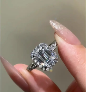 925 Moissanite Luxury Halo Emerald Cut <b>Simulated</b> <b>Diamond</b> Engagement Ring in White Gold Plated Moissanite Ring for Wholesale. - Product Image 2