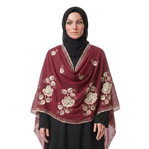 Foulard en mousseline de soie pour femme, motif papillon et rose, brodé de strass, bordure bouclée, léger et respirant, vente en gros, OEM ODM - Product Image 1