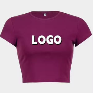Camiseta Corta de Verano para Mujer con Logotipo Personalizado al por Mayor, Camiseta de Algodón de Color Sólido con Cuello Redondo, Camiseta Corta Ajustada para Mujer - Product Image 2