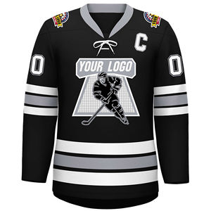 Camiseta de Hockey sobre Hielo Personalizada para Hombre, Negra, Blanca y Gris, Impresión Sublimada, Manga Larga, Cuello en V, Transpirable, Corte Regular, Logotipo del Equipo, Número - Product Image 3