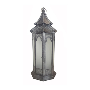 Lanterne suspendue hexagonale marocaine en métal bleu clair, avec anneau de finition en verre texturé vert et poignée, pour décoration de table - Product Image 4