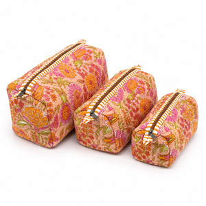 Premium Pink Orange Floral 3 Piece Quilted <b>Makeup</b> Pouch Set Cotton Cosmetic Bags for Women Travel Toiletry <b>Organizer</b> Gift Set - Product Image 5