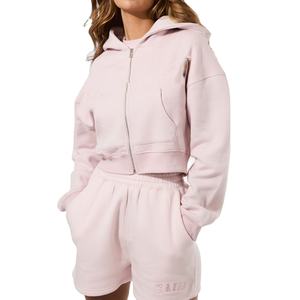 เสื้อฮู้ดครอปผ้าฝ้าย 100% หนัก 400 กรัม ปักลายแบบทำเก่าสำหรับผู้หญิง - Product Image 1