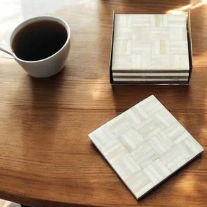 Juego de Posavasos Hechos a Mano con Incrustaciones de Hueso y Soporte, Diseño de Cesta Tejida Blanca, Posavasos de Lujo para Bebidas, Decoración de Mesa para el Hogar, Regalo - Product Image 6