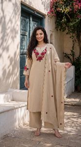 Salwar Kameez en coton beige avec broderie, style traditionnel indien pakistanais, moderne, séchage rapide, décontracté, pour fêtes et mariages, pour femmes - Product Image 3