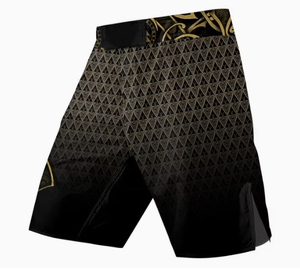 Pantalones Cortos Negros de MMA para Hombre con Estampado Tribal Dorado, de Secado Rápido, para Artes Marciales Mixtas, Corte Regular, Impresión por Sublimación - Product Image 2