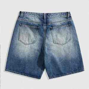 Shorts en jean pour homme, coupe ample, bleu foncé, respirant, style streetwear vintage, délavage léger, personnalisable - Product Image 3