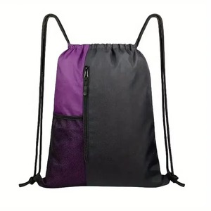 Unisex Drawstring Gym <b>Backpack</b> Black Solid Color Polyester Casual Style With Mesh Pocket And Zipper Closure Adjustable <b>Strap</b> - Product Image 4