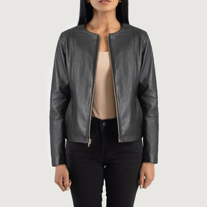 Premium <b>Women</b> Black Real Leather <b>Jacket</b> Round Neck <b>Collarless</b> Slim Fit Soft Sheepskin Casual Coat Elegant Leather Outerwear - Product Image 6
