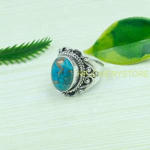 Anillo de Turquesa Azul Natural con Cobre, Plata de Ley 925, Hecho a Mano, Estilo Boho Vintage para Mujer - Product Image 2