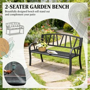 Banc de jardin noir pour l'extérieur, avec accoudoirs, pour la terrasse, le porche ou la cour - Product Image 2