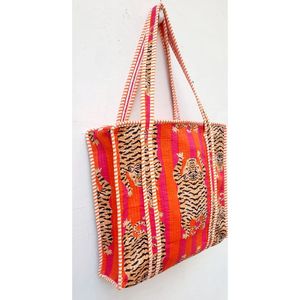 Sac fourre-tout en toile imprimé à la main motif tigre avec bordure rayée, style bohème, ouverture supérieure, pour le shopping, les voyages, toutes saisons - Product Image 6