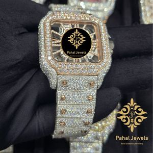 Montre mécanique de luxe Pahal Jewels ETA unisexe, boîtier rectangulaire en acier inoxydable 40 mm, cadran analogique serti de diamants, saphir - Product Image 3