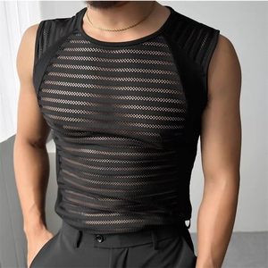 Men's Black <b>Mesh</b> Tank <b>Top</b> O-Neck Striped Hollow Out Breathable Knitted Street Style Spandex Polyester - Product Image 3