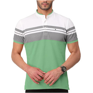 Polo de Manga Corta para Hombre con Bloques de Color y Patrón a Rayas, Corte Regular, Casual, Verde, Blanco, Gris, Tejido, Cuello Redondo - Product Image 1